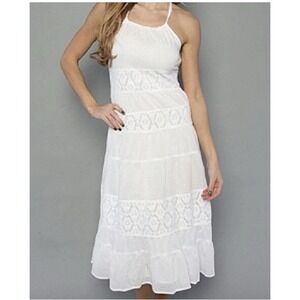 Free People XS/S MidI Dress White Tiered Cottagecore Lace Swiss Dot High Neck
